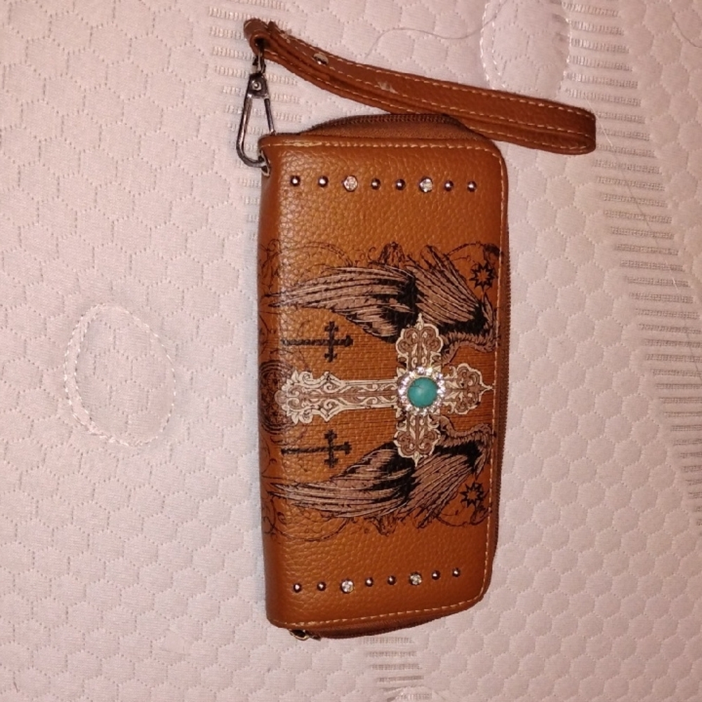 Brown Wallet with Cross and Wing Design